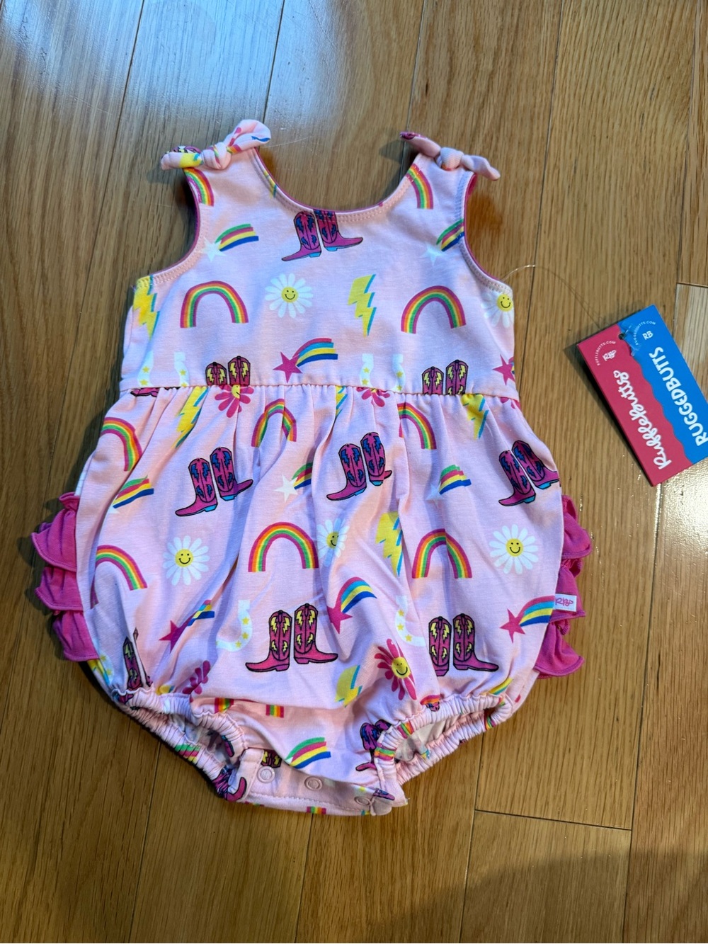 RuffleButts Pink Rainbow Cowgirl Bubble Romper